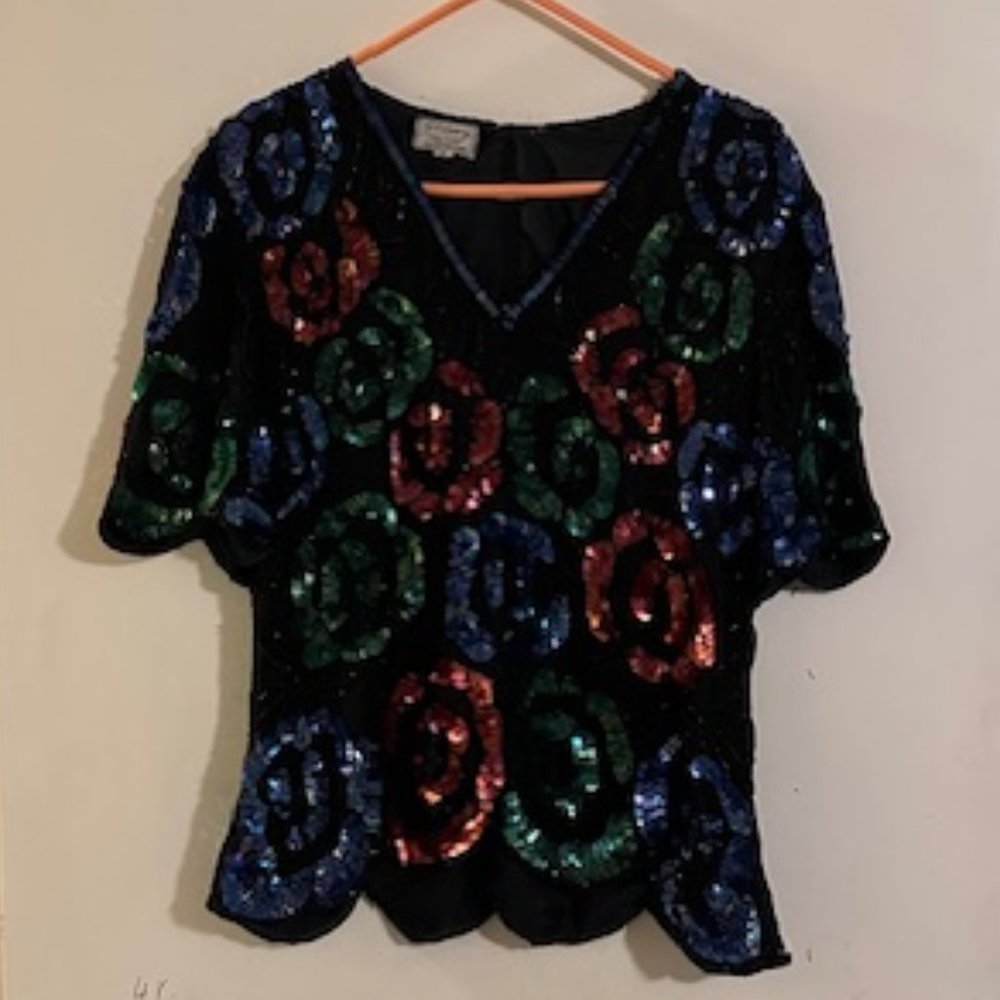 Stenay Black Sequin Blouse with Red, Green, and Blue Accents